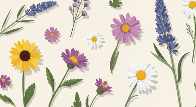Flat vector illustration of diverse wildflowers including white daisies, purple lavender, yellow sunflowers, and asters with green leaves scattered on a cream background.