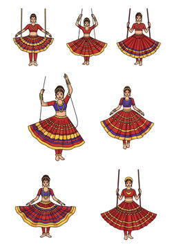 Set of vector illustrations depicting a woman in traditional Indian lehenga choli attire, featuring folk dance poses, standing positions, and swing jhula elements on a white background.