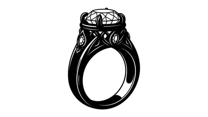 Diamond Ring Silhouette: A striking black silhouette of an engagement ring, featuring a large central diamond and intricate detailing on the band, presented on a clean background. © Susmita