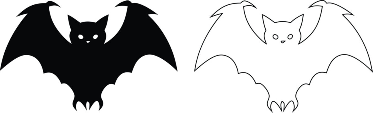 Side by Side Black Solid Silhouette and Clean White Line Art Outline Drawing of a Cute Cartoon Bat