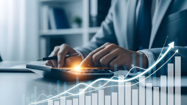 Businessman using calculator with growing financial graph and chart of business success