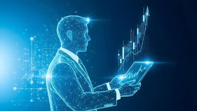 Digital businessman holding a tablet with a rising financial stock market graph