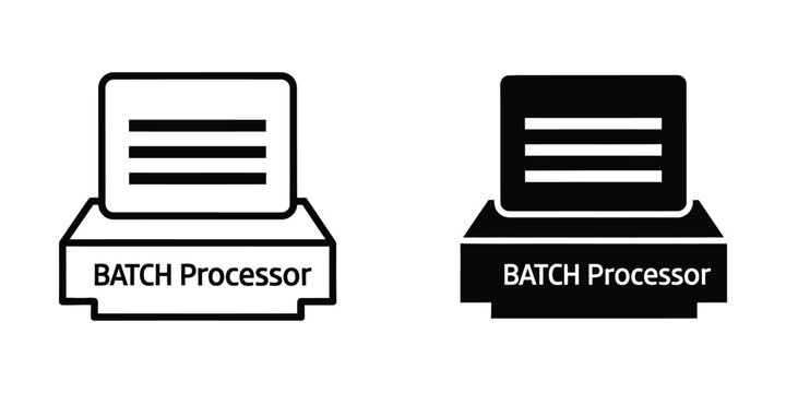 Computer batch processor icon with text label in solid and outline styles on white background
