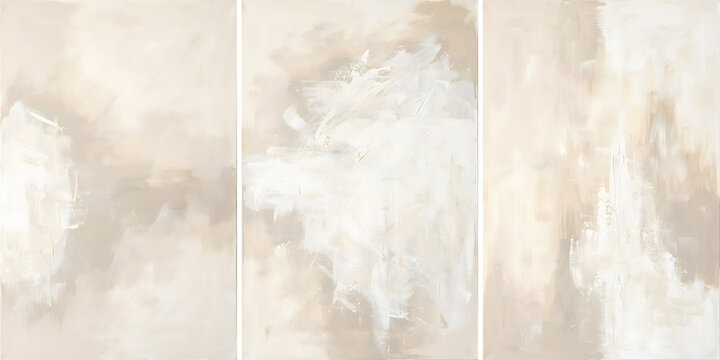 Abstract beige and cream triptych painting with expressive brushstrokes and neutral textured layers