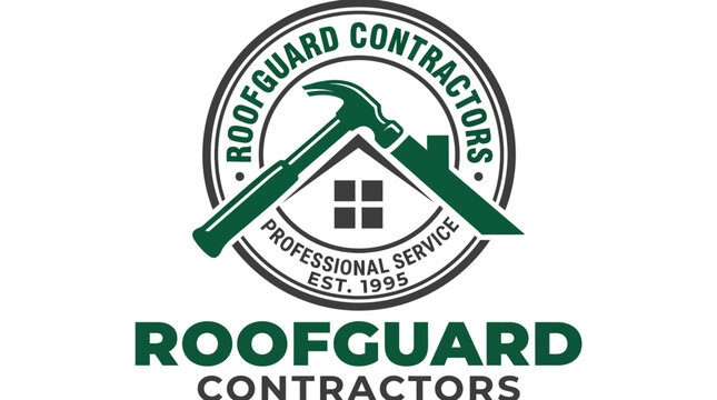 Roofguard Contractors Professional Service Est 1995 Logo with Hammer and Roof Icon.