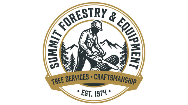 Summit Forestry  Equipment Logo with Lumberjack and Mountains.