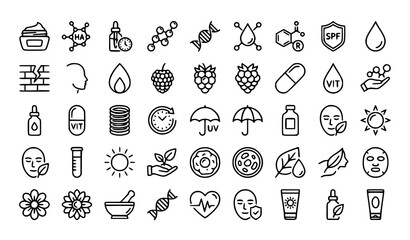 Naklejka premium Skincare Line Icon Set with Retinol Collagen Ceramide and Sunscreen Symbols