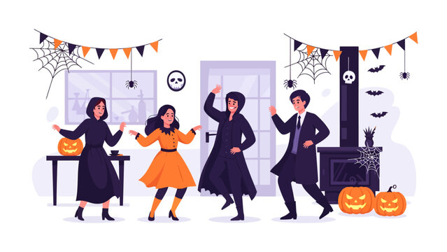 Halloween Party Dance: A lively group of people in costumes dances energetically at a Halloween party, surrounded by festive decorations like pumpkins, spiderwebs, and spooky banners.
