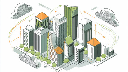 Obraz premium isometric cityscape with tall buildings green trees and clouds representing urban environment