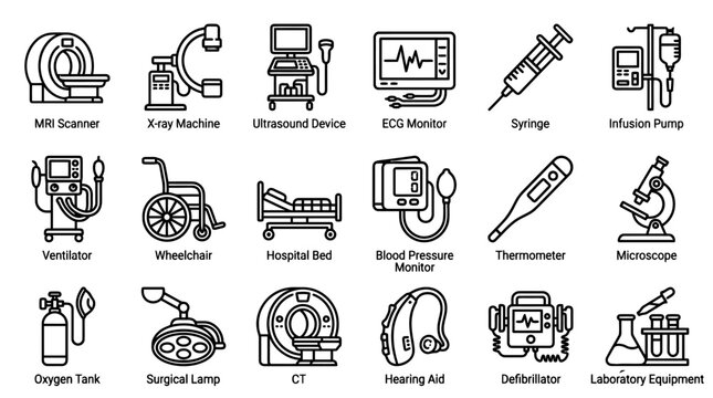 Professional Set of Medical Equipment Line Icons Featuring MRI Scanner, Ultrasound, ECG Machine, Ventilator, Syringe, and Surgical Tools for Healthcare Design Icons PNG