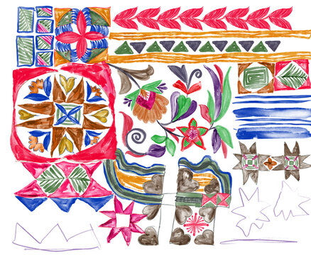 Hand-painted watercolor textile design layout featuring a vibrant, eclectic mix of folk-art inspired floral motifs, geometric blocks, and decorative linear borders. Bright, multi-colored elements pop 