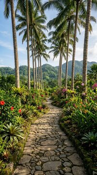Tropical garden pathway with palm trees and colorful flowers