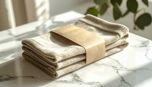 beige cotton socks bundle with minimal paper wrap stacked neatly on marble surface, soft natural shadows, clean lifestyle product mockup, high detail textile texture, neutral aesthetic