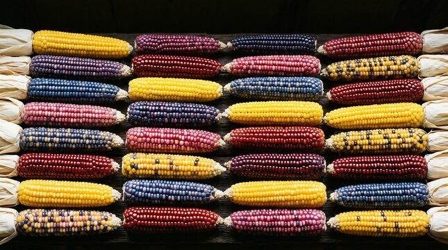 Colorful ears of corn with husks on a black background