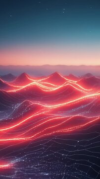Red light waves moving across dark futuristic mountain grid