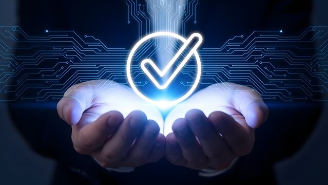 Digital check mark icon representing quality assurance, compliance, and successful verification