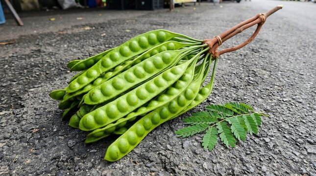 Fresh green pucuk paku or petai indonesian vegetables