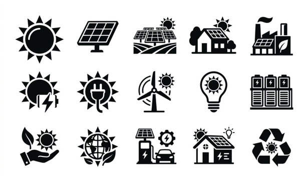 Black and white solar energy icon collection with photovoltaic panels sun power and sustainability symbols vector illustration