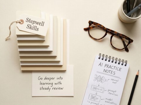 Desk flat lay: AI practice notes and learning resources