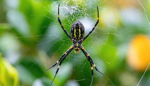 A striped spider with yellow markings sits in its intricate web, surrounded by green foliage