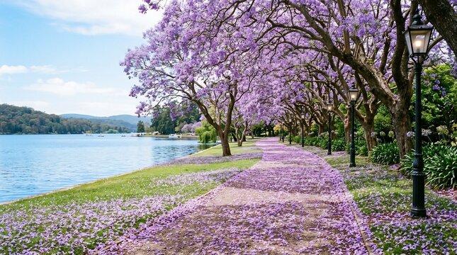 Jacaranda trees line serene lakewalk with purple flowers and lush greenery