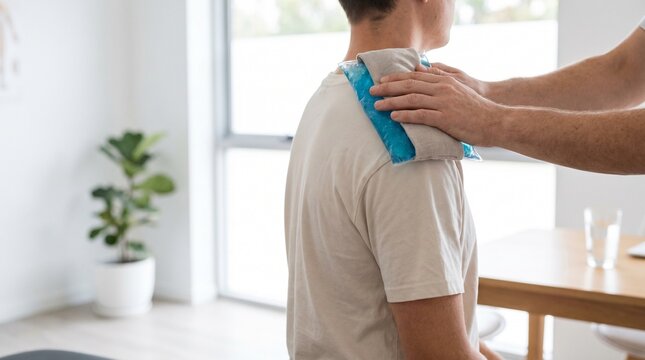 Man receiving cold therapy on his shoulder with an ice pack, assisted by a therapist or caregiver