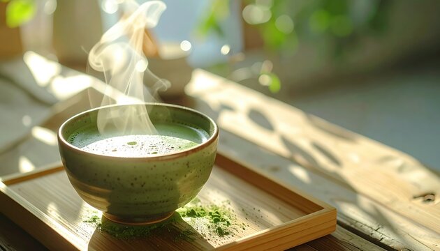Steaming cup of matcha with a ceramic bowl in morning sunlight, calm lifestyle moment
