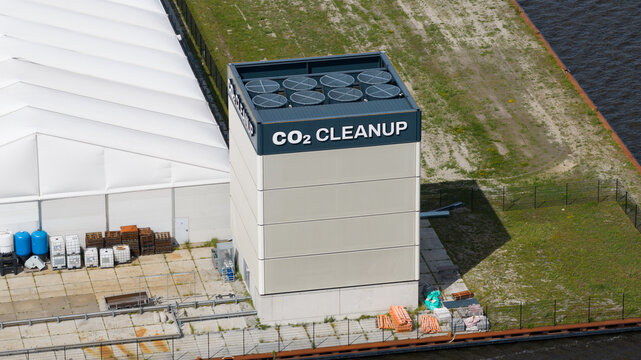 Alkmaar, Netherlands - 09 June 2026: Aerial drone view of a scalable direct air capture facility in Alkmaar, removing carbon dioxide from the atmosphere for permanent underground storage.
