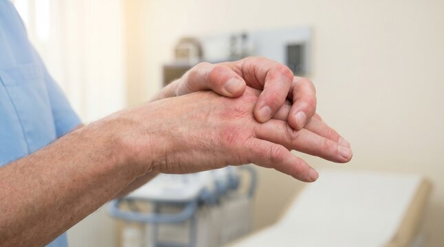 Closeup of a persons hands, one with red, irritated skin, possibly dermatitis or eczema, in a medical setting