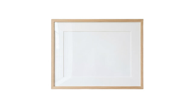 Empty light wood picture frame with white mat, isolated on transparent background