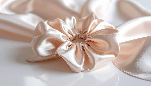 satin scrunchie mockup on glossy surface, silk texture detail, fashion accessory branding, minimal composition