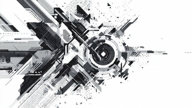 Abstract futuristic digital technology background with black white gray geometric shapes and lines for innovation and science themes