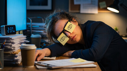 Obraz premium Exhausted workaholic woman sleeps at a wooden desk at night with fake eyes drawn on sticky notes over her glasses. Huge stacks of documents and a glowing computer screen.