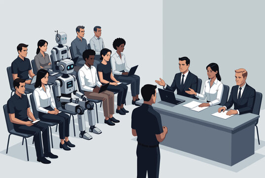 Future job interview scenario with human candidates and robots sitting before a panel of professional interviewers.