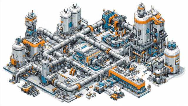 industrial plant with complex piping tanks and machinery in metallic gray and orange colors for manufacturing and engineering projects