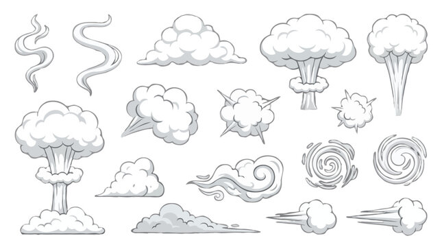 Cartoon smoke and steam effects set with explosions, clouds, and vapor trails