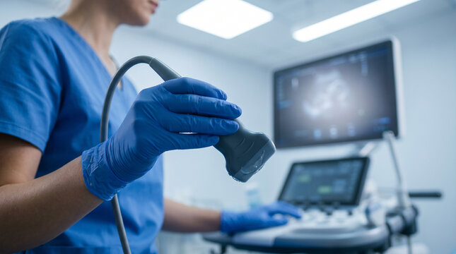 Close-up of a female medical sonographer in scrubs and gloves holding an ultrasound transducer probe. Hospital diagnostics and professional healthcare examination services.