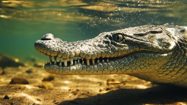 Fierce Alligator Underwater, Showing Sharp Teeth and Intense Gaze in a Natural Aquatic Habitat
