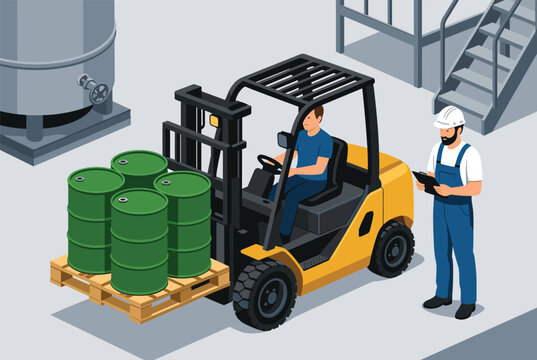 Warehouse logistics and industrial operations showing a worker driving a forklift to transport green barrels.
