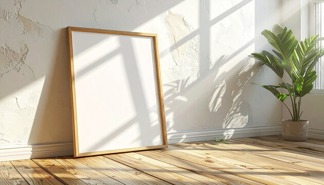 Blank picture frame leaning against wall interior design mockup
