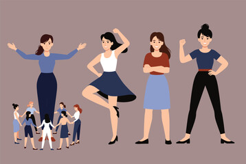 Fototapeta premium Group of diverse confident women stand together in empowering poses representing female strength and solidarity in the modern world.