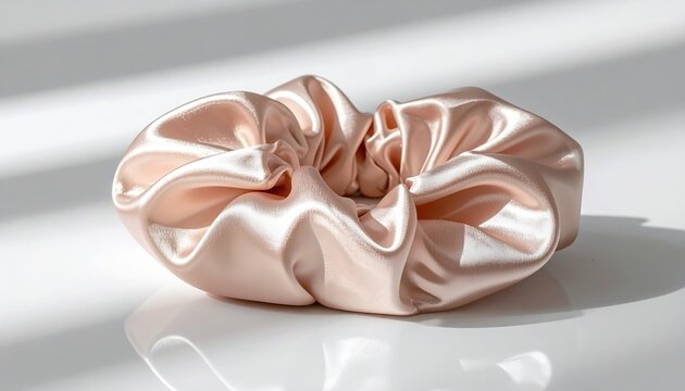 satin scrunchie mockup on glossy surface, silk texture detail, fashion accessory branding, minimal composition