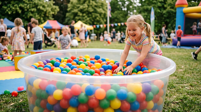 Joyful young girl playing in a vibrant ball pit at an outdoor festival
