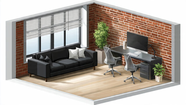 Modern loft office with black sofa computer desk and brick wall interior design workspace