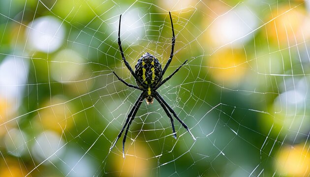 A black and yellow spider with long legs on a dew-covered web