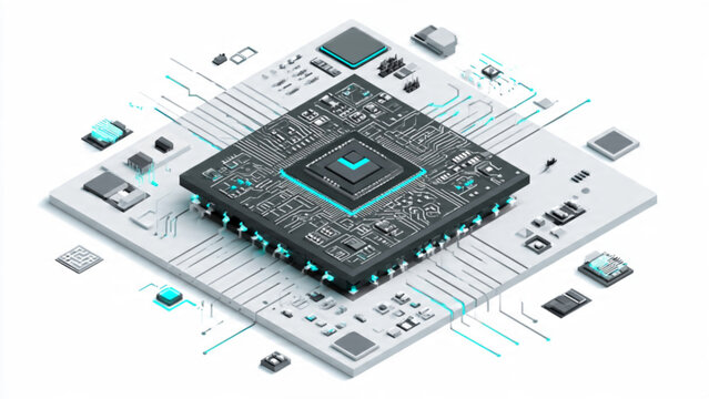 close up of circuit board with microchip and electronic components in technology environment