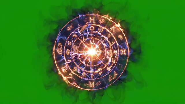 Dynamic magic spell casting animation with glowing energy burst and arcane symbols on green screen background for visual effects.