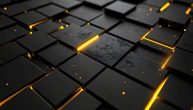A geometric abstract pattern featuring a uniform grid of black squares with subtle glowing yellow accents