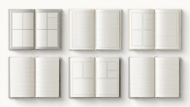 Open blank notebooks with lined pages and grid layouts for writing notes journaling and creative projects