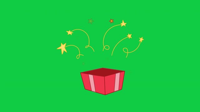 Gift open present with yellow star trails looping animation for magic unboxing videos green screen